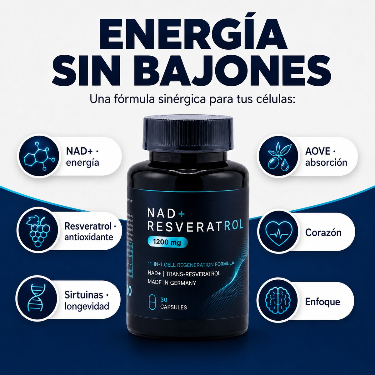 NAD+ Resveratrol 1200 mg — Regeneración Celular · 30 Cápsulas