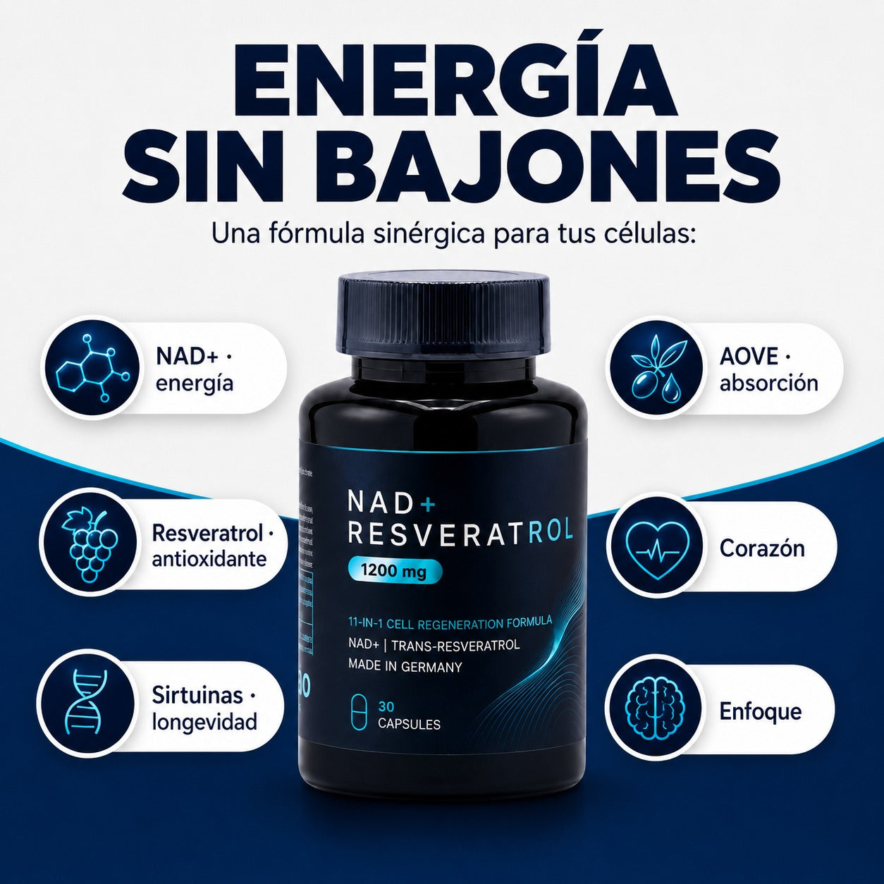 NAD+ Resveratrol 1200 mg — Regeneración Celular · 30 Cápsulas