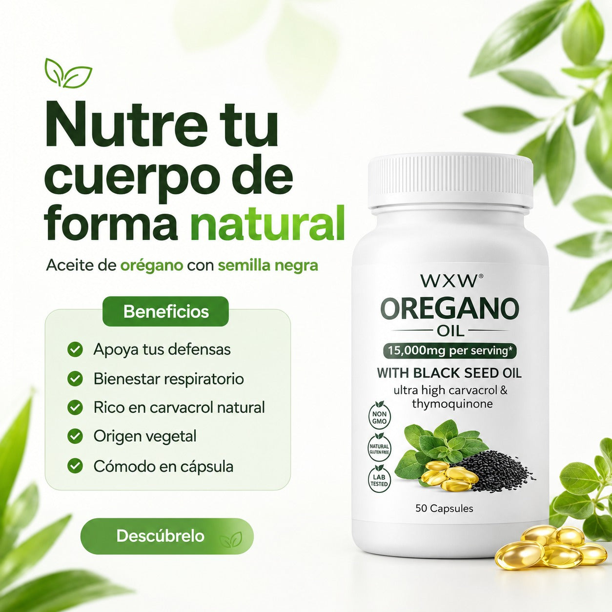 Aceite de Orégano + Semilla Negra — 50 Cápsulas